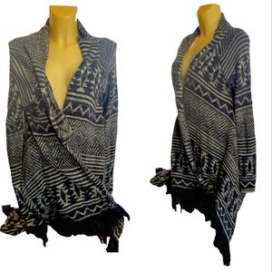 🌹3/15🌹 SONOMA Cream and Blue Aztec Print Knit Open Front Cardigan with Fringe